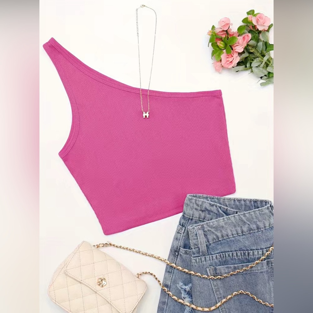 Barbie Pink One Shoulder Strap Rib Knit Crop Top